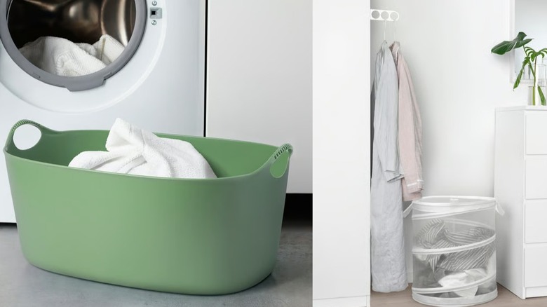 At left, an IKEA TORKIS laundry basket sits in front of a washing machine; at left, an IKEA FYLLEN laundry basket is between a white dresser and hanging clothes