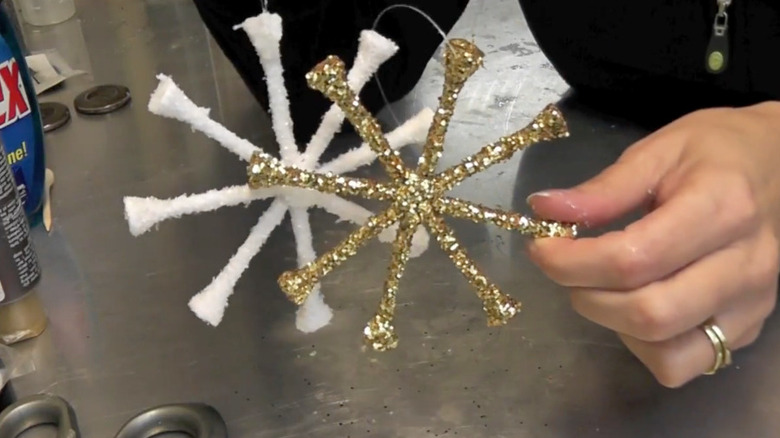 Glitter snowflake ornaments made from golf tees