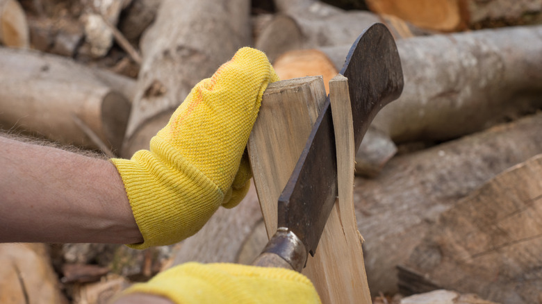 Gloved hands splitting wood with a bill hook