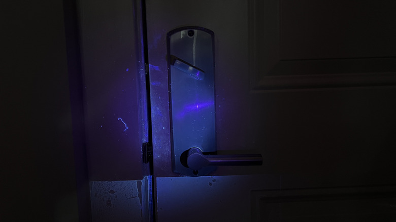 Door knob with UV light on it, illuminating dust and marks
