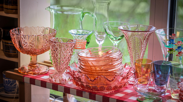 Colorful display of depression glassware