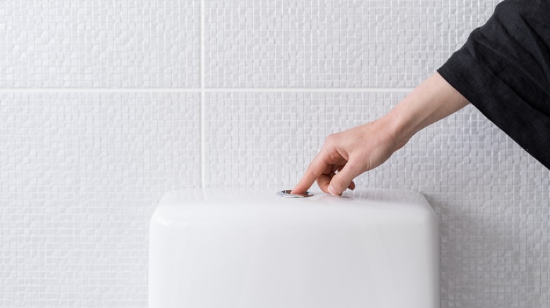 woman flushing toilet