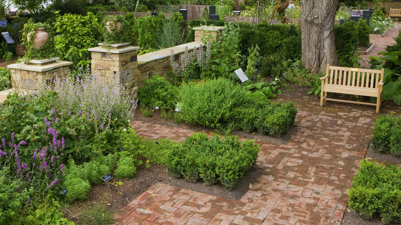 A stone wall and straight brick pathways cut through a lush garden with a bench.