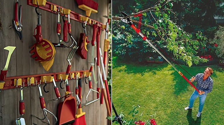 Split image showing a range of the interlocken tools on a hanging rack on the left and a person using the telescopic handle with the loppers to cut a high tree branch on the right