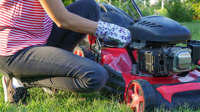 Person checking lawn mower oil