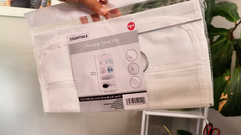 Woman holding up travel hanging bag from Dollar Tree