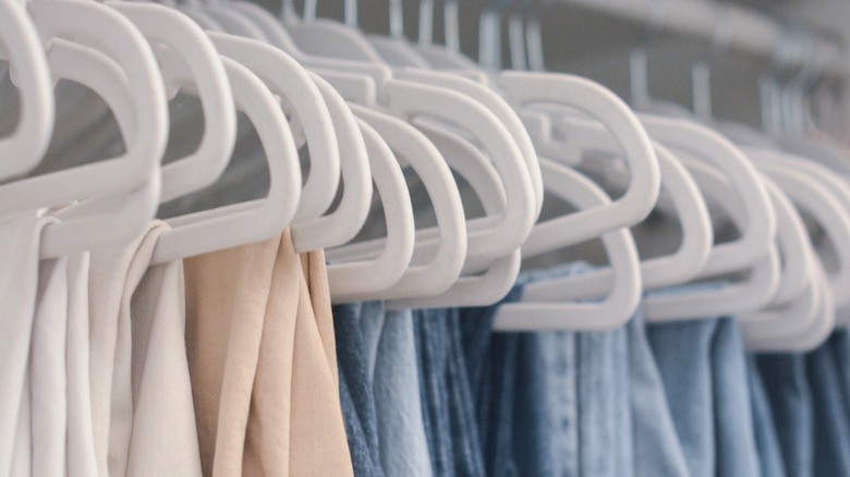 Velvet clothes hangers with garments hanging in a closet