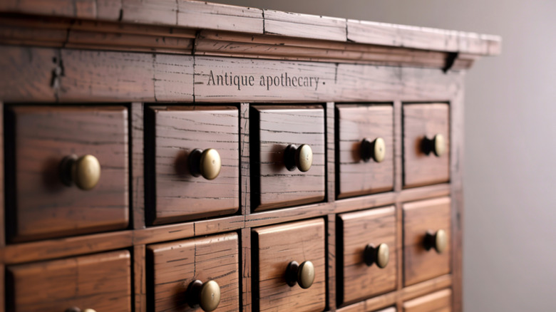 Close-up view of a vintage apothecary cabinet with lots of drawers