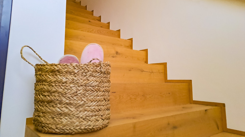 wicker basket on stairs