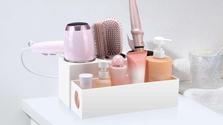 hair tool organizer in white plastic