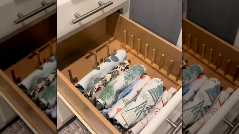 IKEA plate holder in kitchen towel drawer as organizer