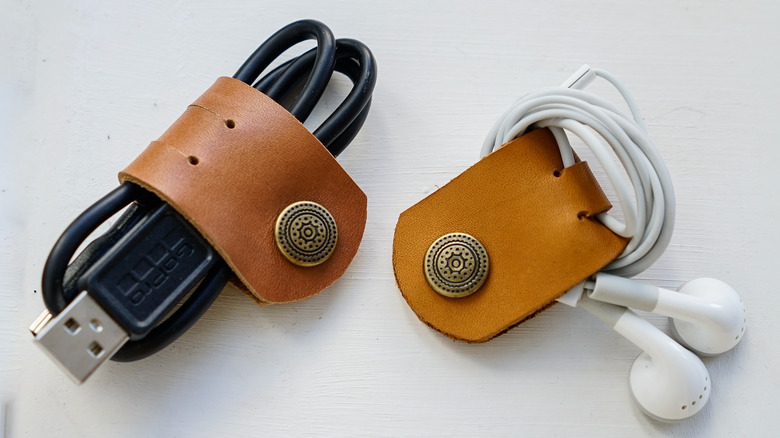 Leather cable ties around cords