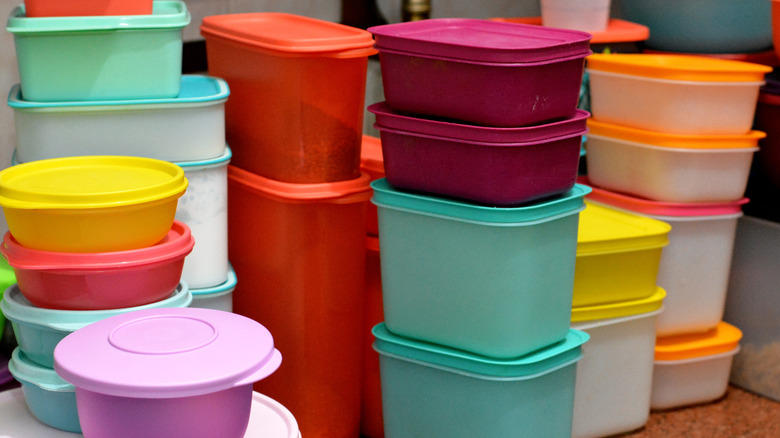 Stacked and colorful tupperware