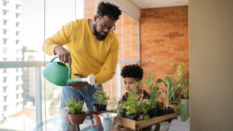 man and child watering plants