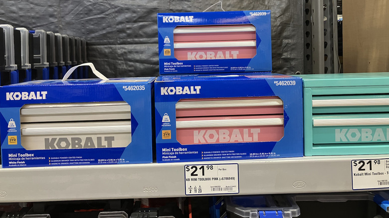 Kobalt mini tool boxes on display in Lowe's.
