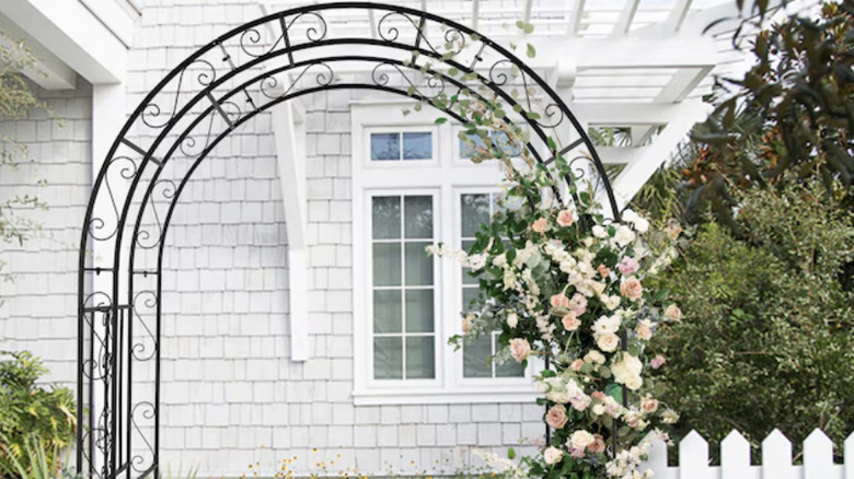 Metal arbor with climbing roses on one side.