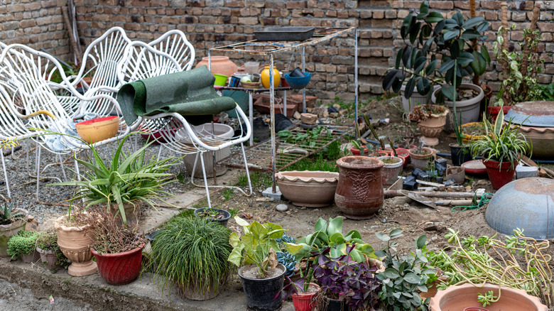 Garden cluttered with furniture and plant pots.