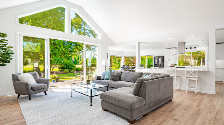 A large open floor plan showing an open living room and kitchen