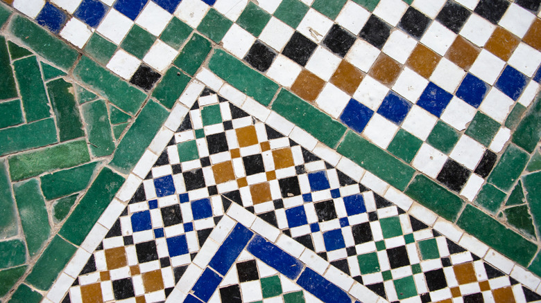 close up of brightly patterned tile floor
