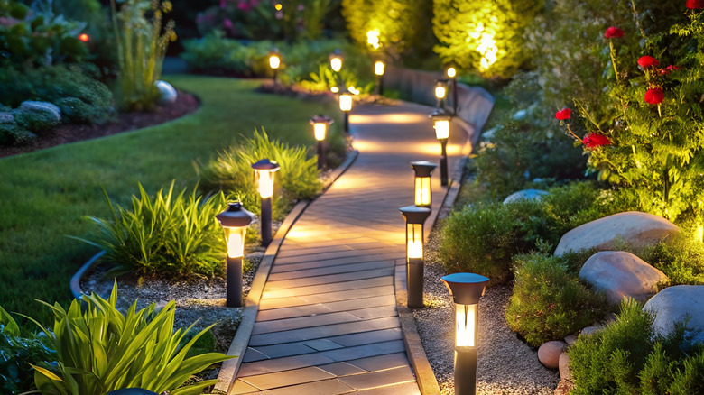 Landscape with lots of solar pathway lights placed closely together