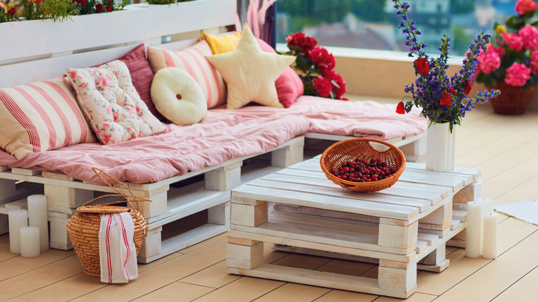 Patio table and seating made from wood pallets