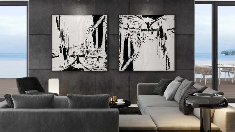 black and white wall art in living room