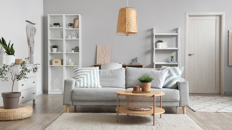 A modern grey living room.