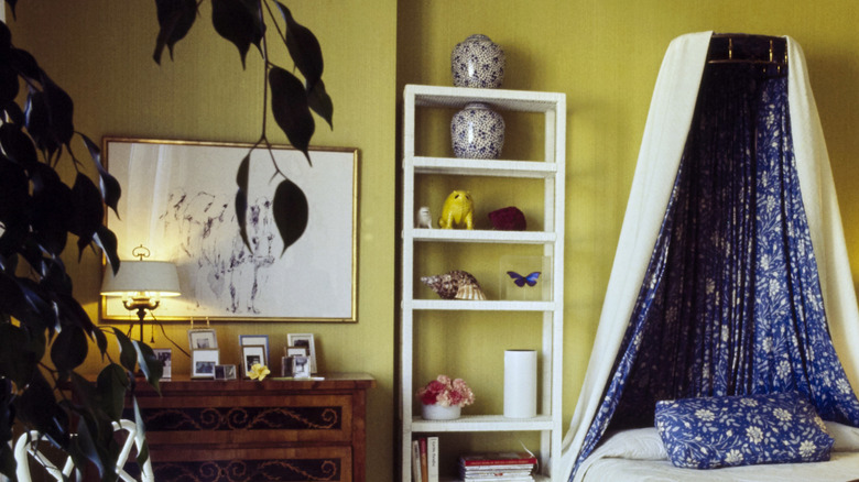 Bright yellow green wallpaper in a vintage home.