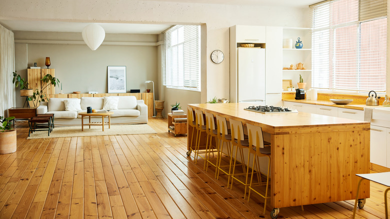 Living room and kitchen with the same wood