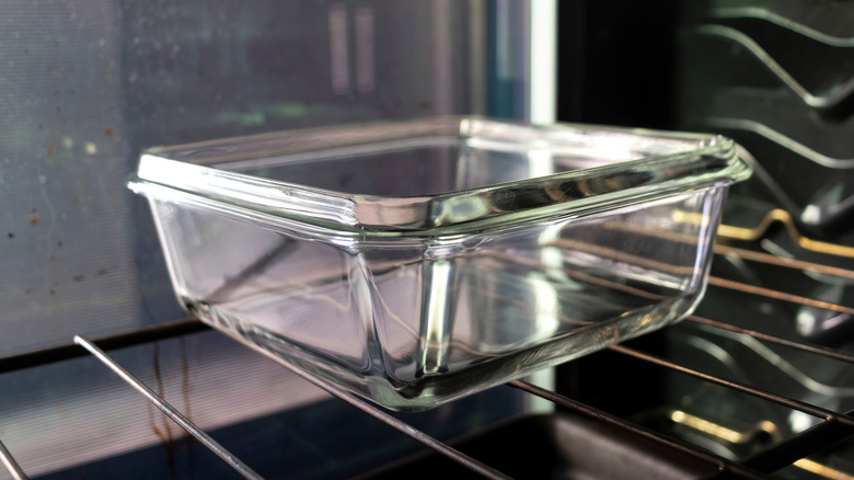 Close up of a glass baking dish inside an oven