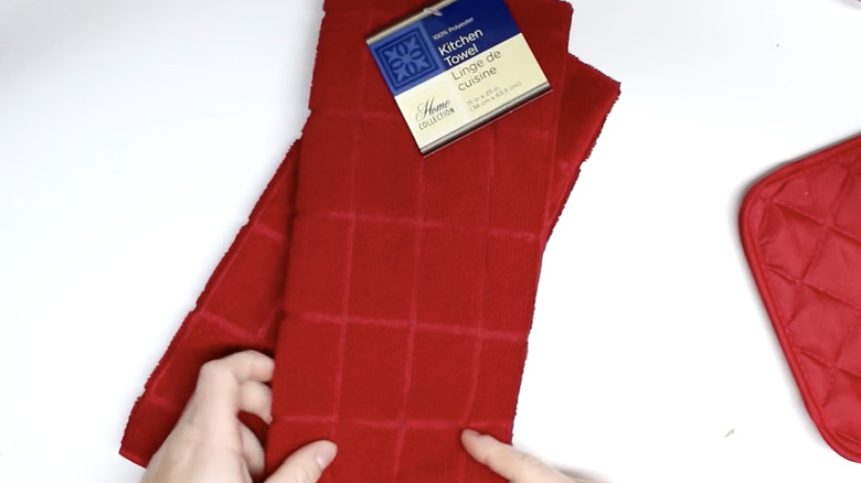 Red microfiber kitchen towel from Dollar Tree.
