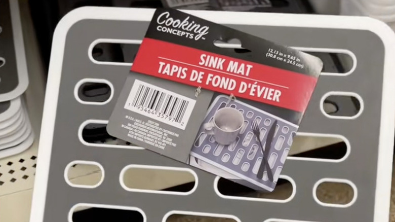 A grey and white sink mat at the Dollar Tree store.