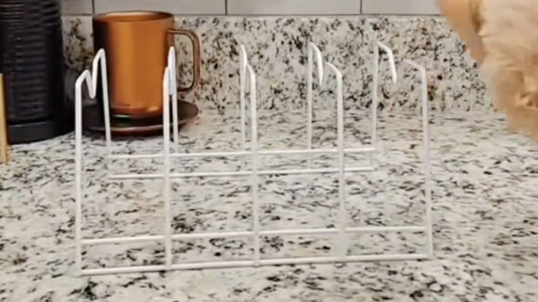 The Dollar Tree white wire dish rack sitting on a countertop.