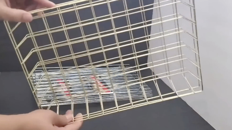 Hands holding up a metal wire rack from Dollar Tree.