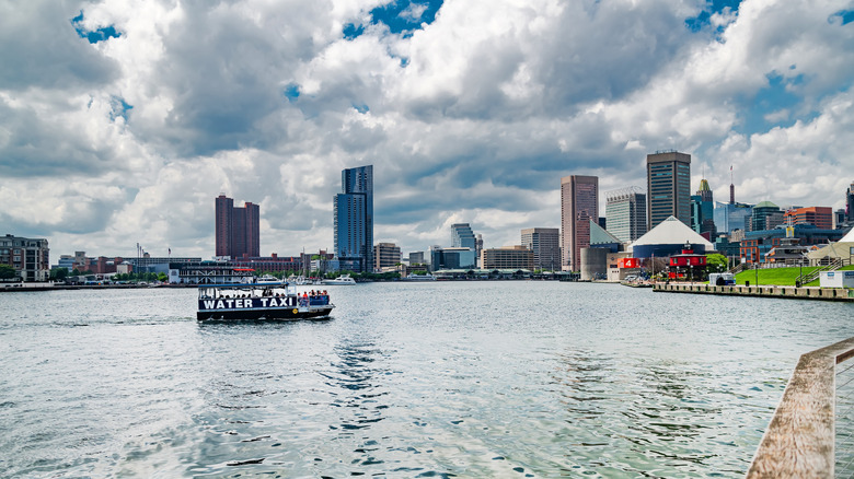A water taxi shuttles people to the shore in downtown Baltimore, Maryland.