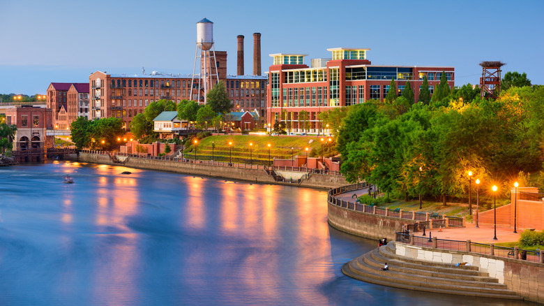 A large building along the water in Columbus, Georgia.