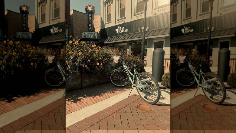 A bike is standing on a brick pedestrian area full of flowers in Jasper, Indiana.