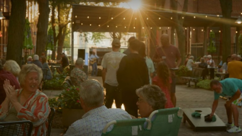 Community members mingle in a pedestrian mall in Newton, Iowa.