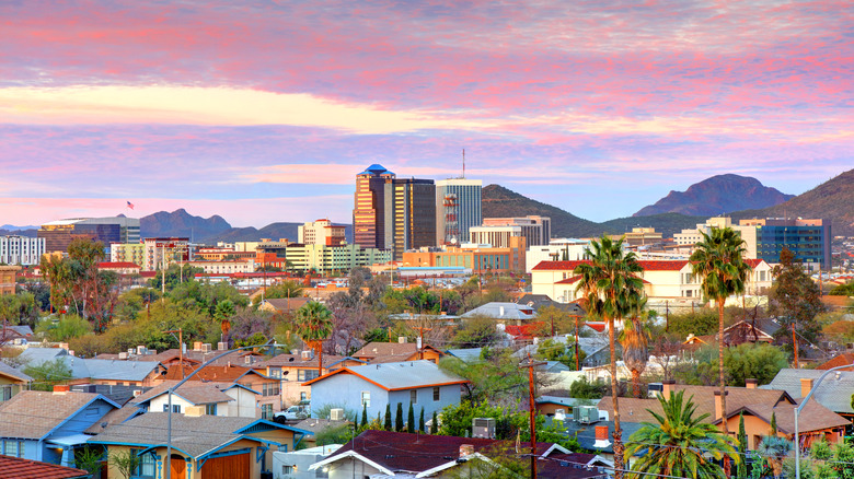 A panorama of Tucson is colorful at dusk.
