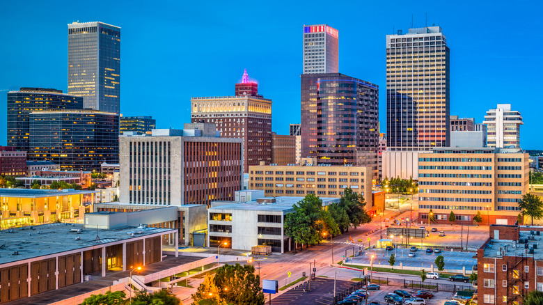The Tulsa skyline at dusk.