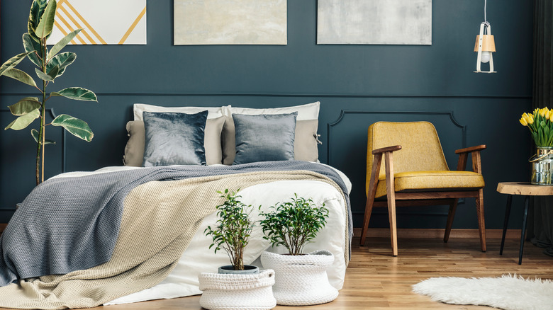 Bedroom scene with blue wall