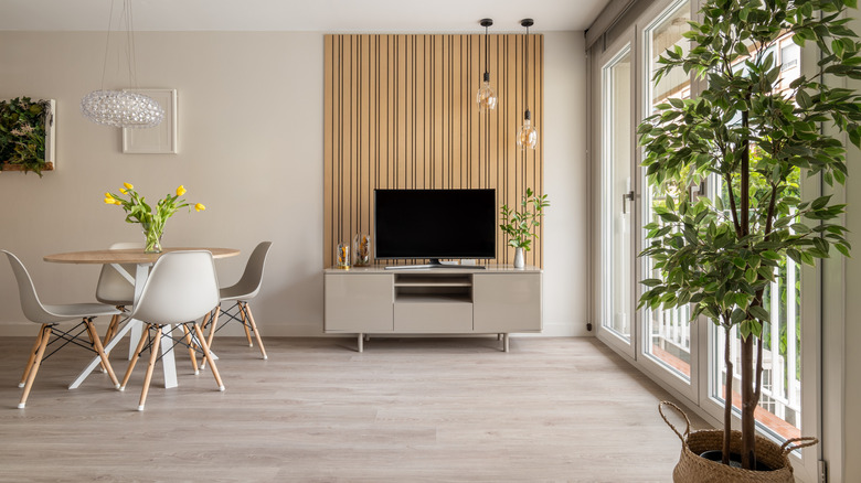 Living room wall with paneled accent wall.