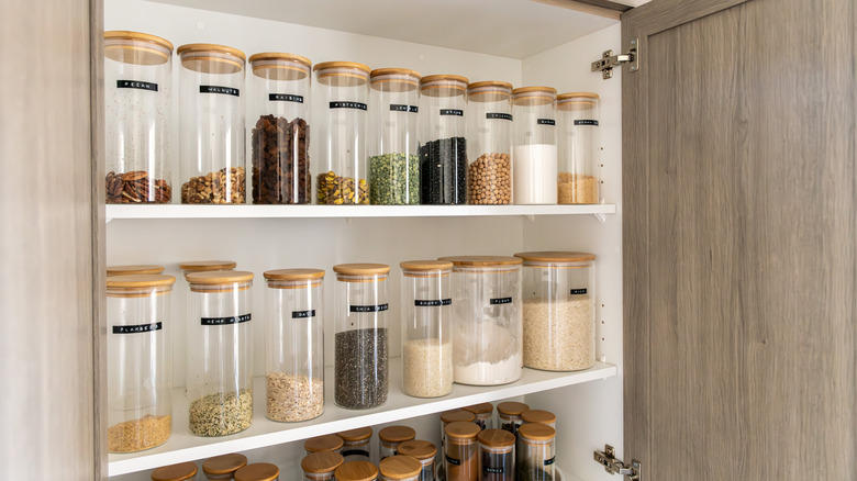 glass jars in organized pantry