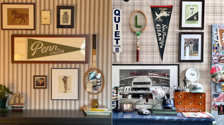 Vintage tennis racket on collage wall with small photos and sport memorabilia
