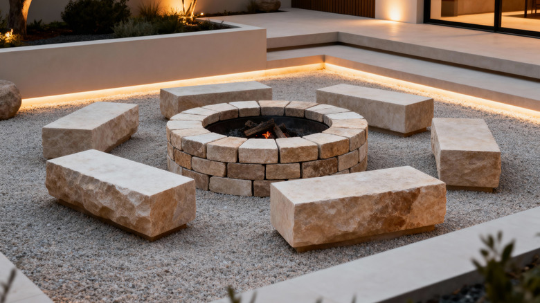 A patio area with a stone fire pit and hardscape stone benches.