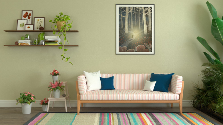 Eclectic living room with navy, brown, rust, and white colored plaid carpeting