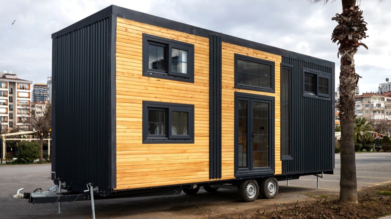 Cedar and black tiny home on wheels in a parking lot