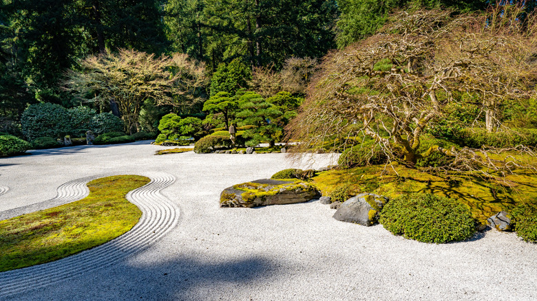 Japanese-style garden with white pea gravel surrounded by greenery.