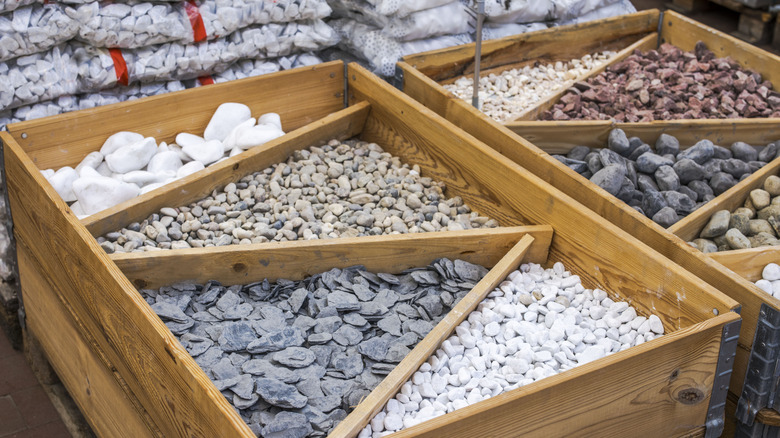 decorative stones in a container at a landscape supply store