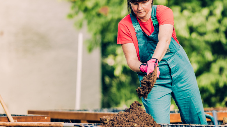a woman adds compost to a raised bed